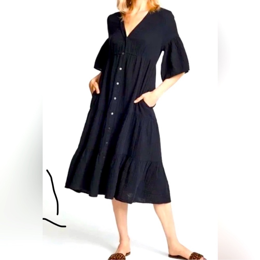 Xirena Tired Kendall Black Crinkle Gauze Midi Dress Size Small Button Front